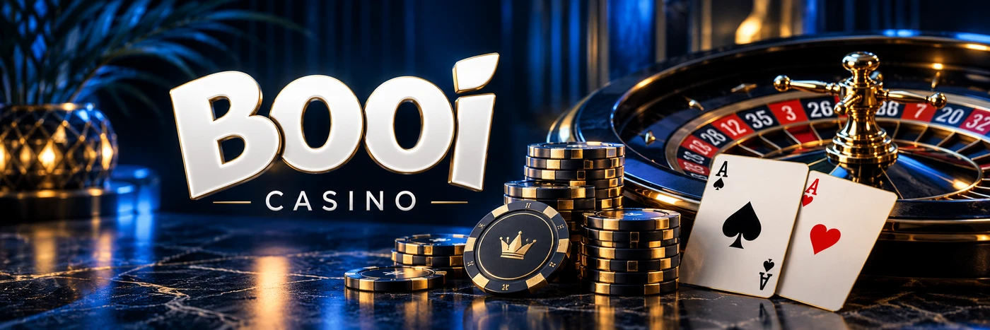 Booi Casino con roulette, fiches e carte su sfondo blu e oro