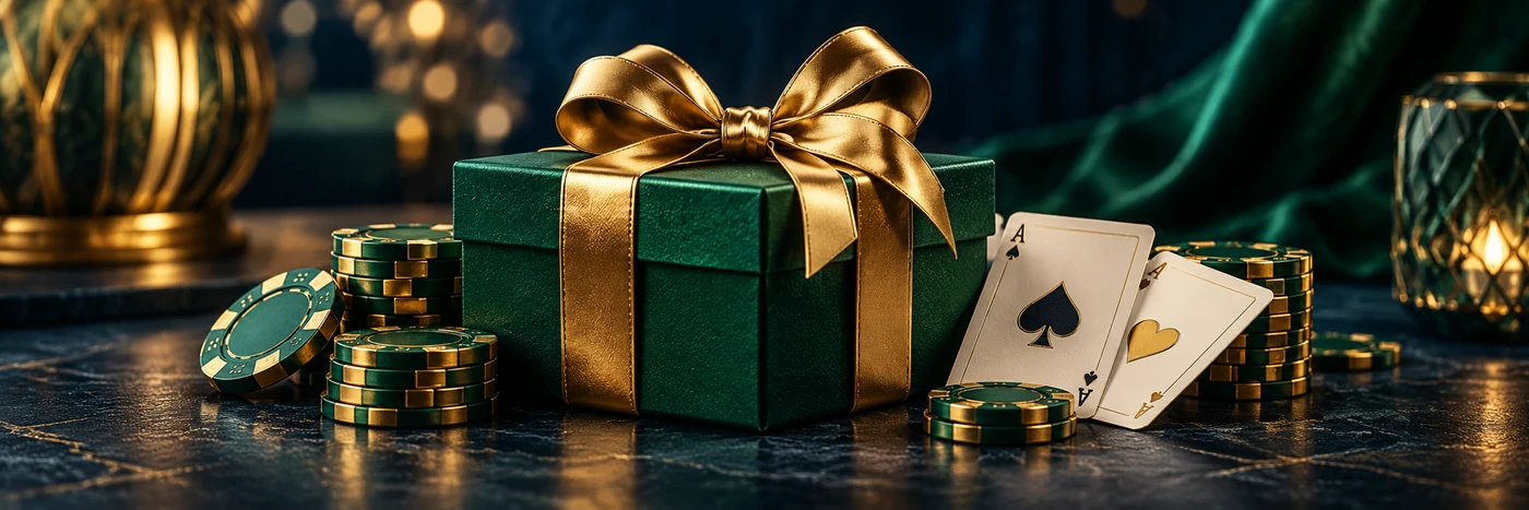 Scatola regalo con fiocco dorato, fiches e carte da gioco
