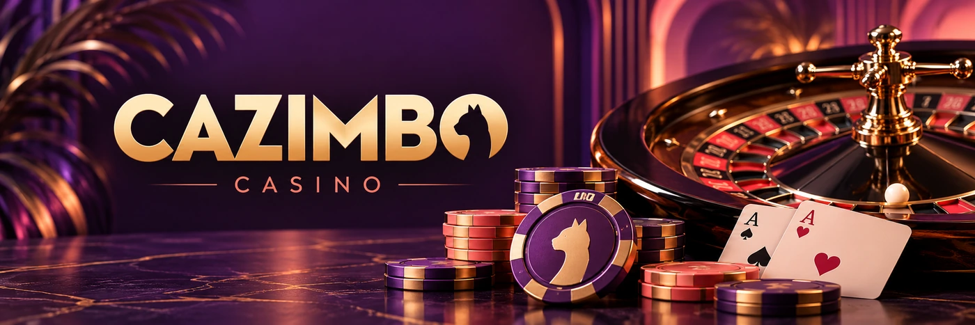Cazimbo Casino con roulette, fiches e carte da gioco su sfondo viola e oro